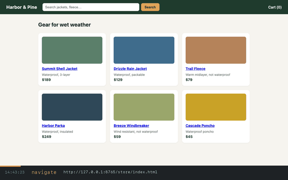 Slapify shopping a demo store: it opens a jacket, rejects it on price, picks a cheaper waterproof one, selects size M, ticks gift wrap and adds it to the cart.